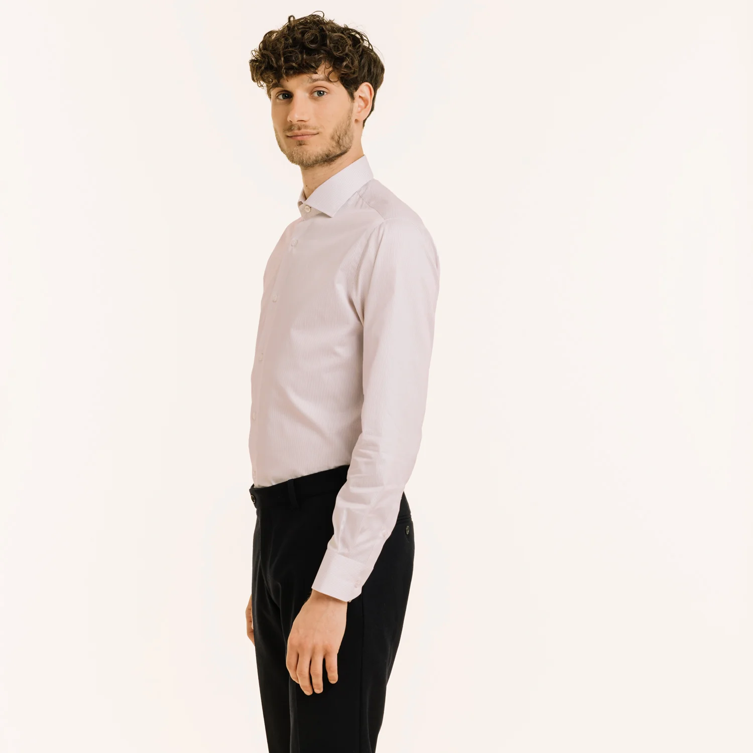 Double-twisted twill shirt with fine red stripes