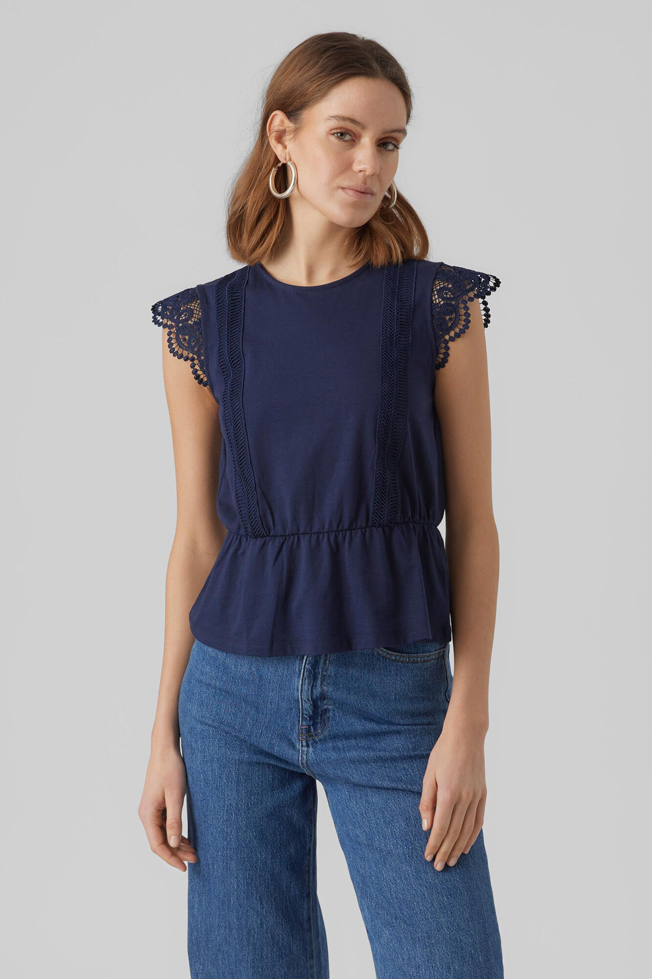 Blusa sem mangas com detalhes em renda - Azul marinho