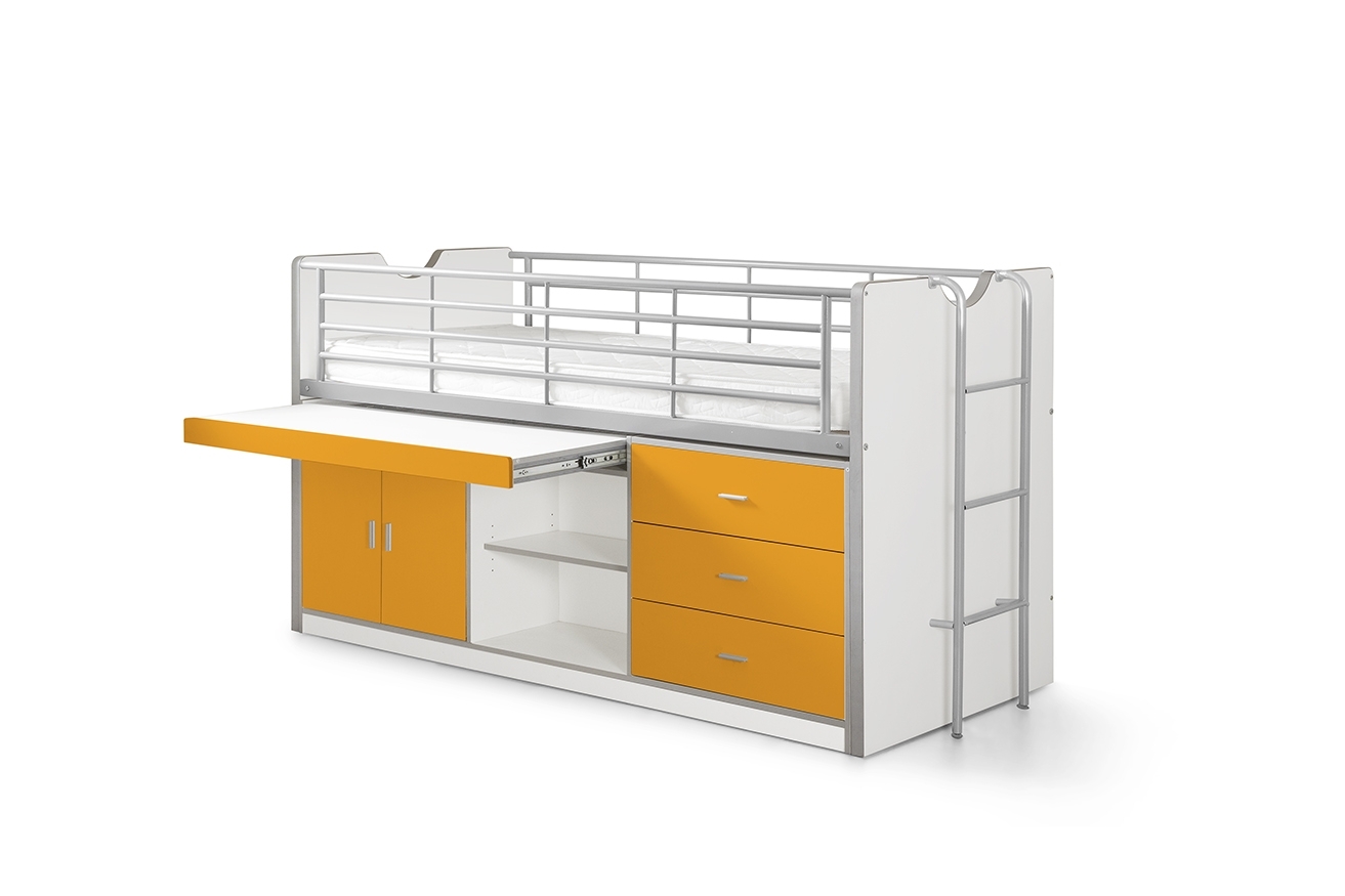 Funktions-Hochbett BONNY - weiß-orange - mit Schreibtischschublade - 90x200 cm