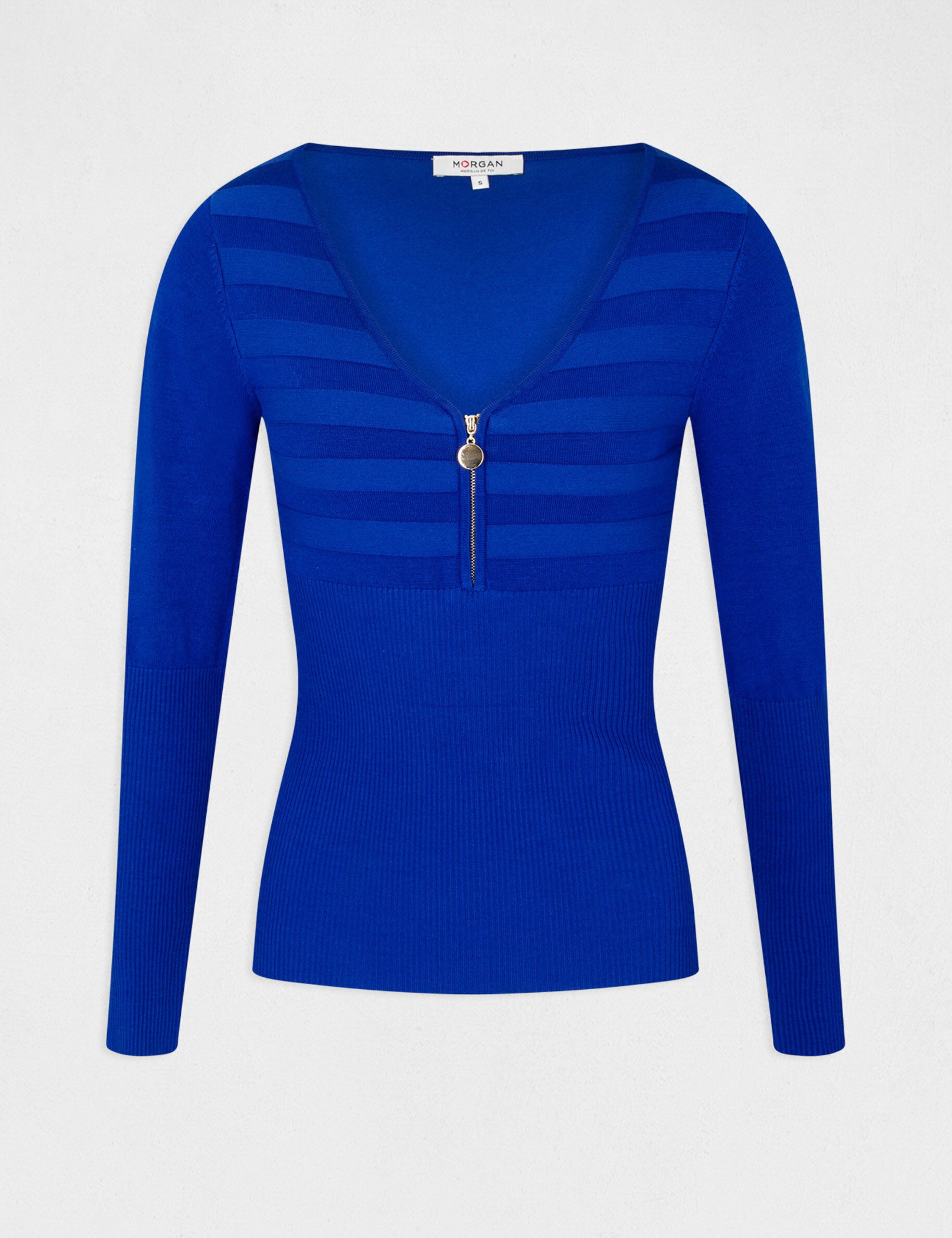 Pull manches longues à détail zippé bleu electrique femme - bleu_electrique