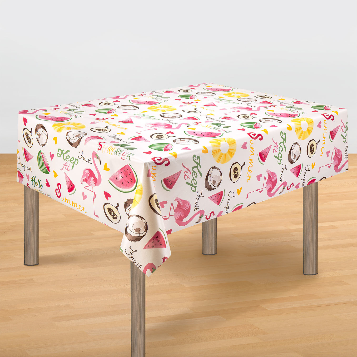 Tischdecke mit sommerlichen Motiven in bunten Farben