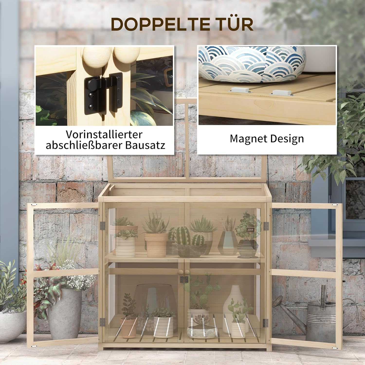 Outsunny Frühbeet aus Holz Gewächshaus 2-Stufiges Hochbeet mit Dachfenster, Doppeltür, Winddichtes Treibhaus, für Balkon, Garten, Natur, 103 x 61 x 103 cm