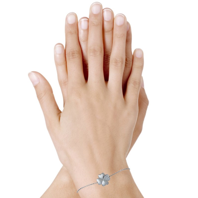 Bracelet Trèfle Argent Rhodié et Un Pétale de Strass