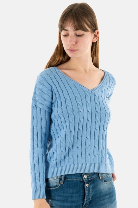pull léger superdry vintage v neck cable 29g soft blue