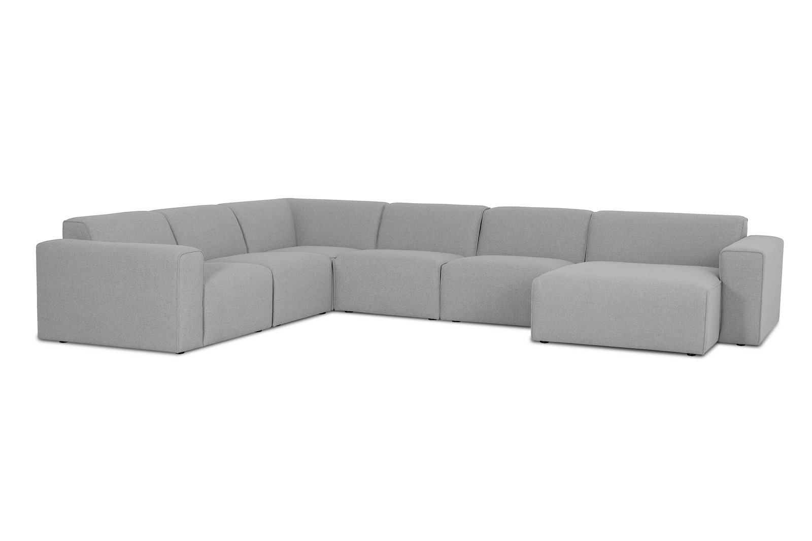 Styl U-sofa 2-seter venstre, 2-seter og sjeselong høyre. Tekstil Lombardo 3 Grey med sorte ben.