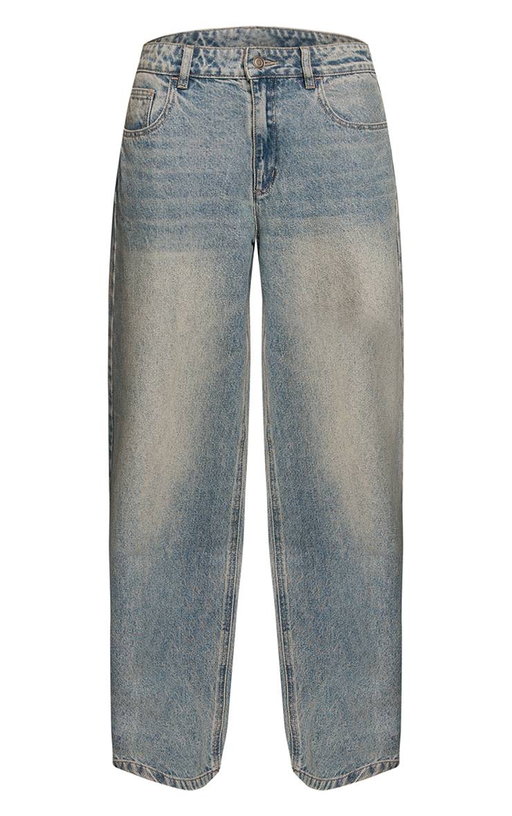 Bleu Vintage Jean Délavé Taille Basse Coupe Ample Jambe Large