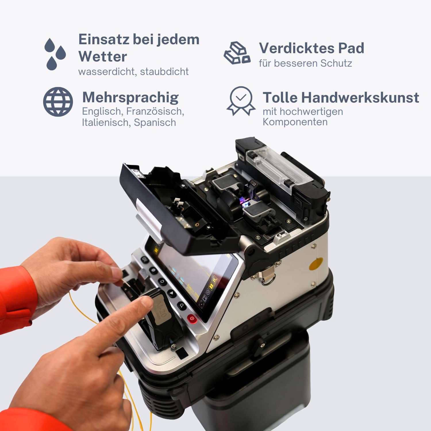 AI-20 Fusion Splicer LWL Spleißgerät Kit mit neu entwickeltem elektrischem Faserschneider, Glasfaser Spleißgerät AI-20 Upgrade von AI-10A mit 6s Spleißen 15s Aufheizen OPM VFL 7800mAh Akku