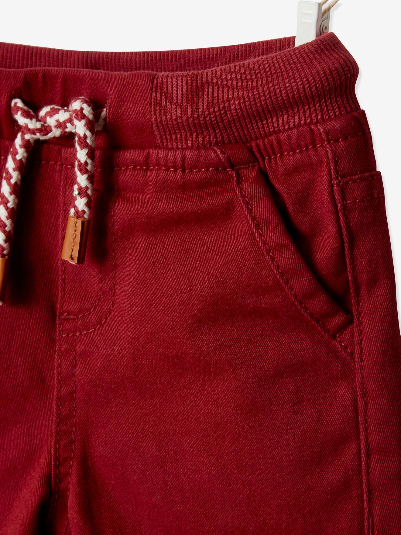 Calças lisas de sarja vermelha escura com forro para bebê menino