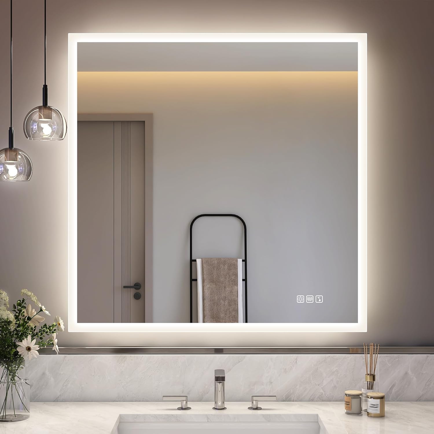 S'bagno Badezimmer-Spiegel-mit-Beleuchtung 80x80cm, LED-Badspiegel-mit-Beleuchtung, Bluetooth, Entfoggen, 3 Farben, Dimmbar, Speicherfunktion, Gehärtetes Glas, IP44 Wasserdicht, Horizontal/Vertikal