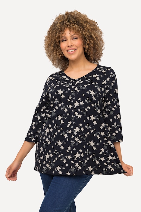 Weihnachts-Shirt, Sterne, V-Ausschnitt, 3/4-Arm