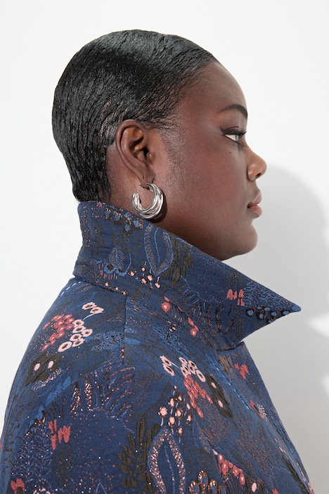 Jacquard-Jacke, florales Design, Hemdkragen, Langarm