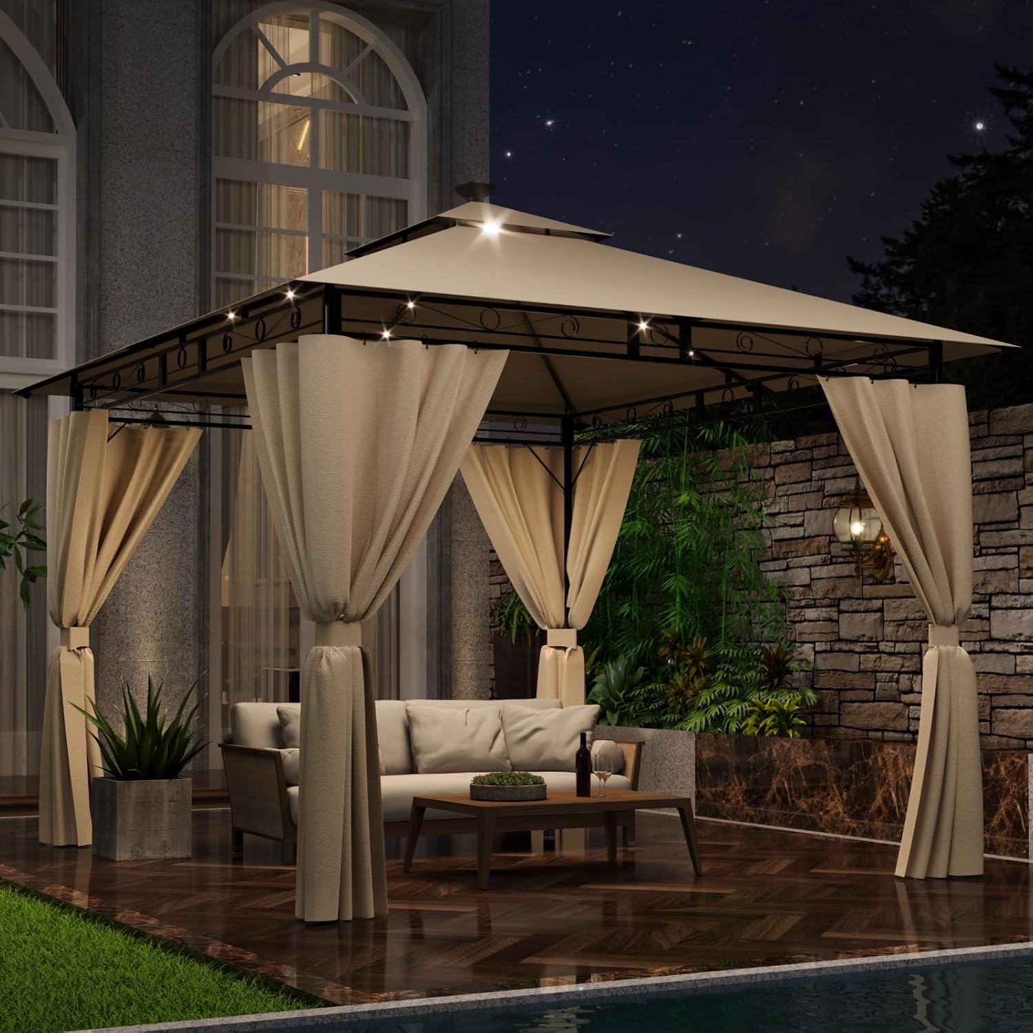 Pavillon 3x3 Wasserdicht Stabil Winterfest, Garten Pavillion mit seitenwänden, UV-Schutz 50+, Plane Gartenlaube, Metallrahmen Pavillon, Patio Gazebo, Beige