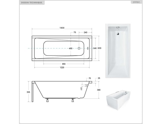 OTITEC - Baignoire rectangulaire - 180 x 80 cm - avec tablier noir ra...