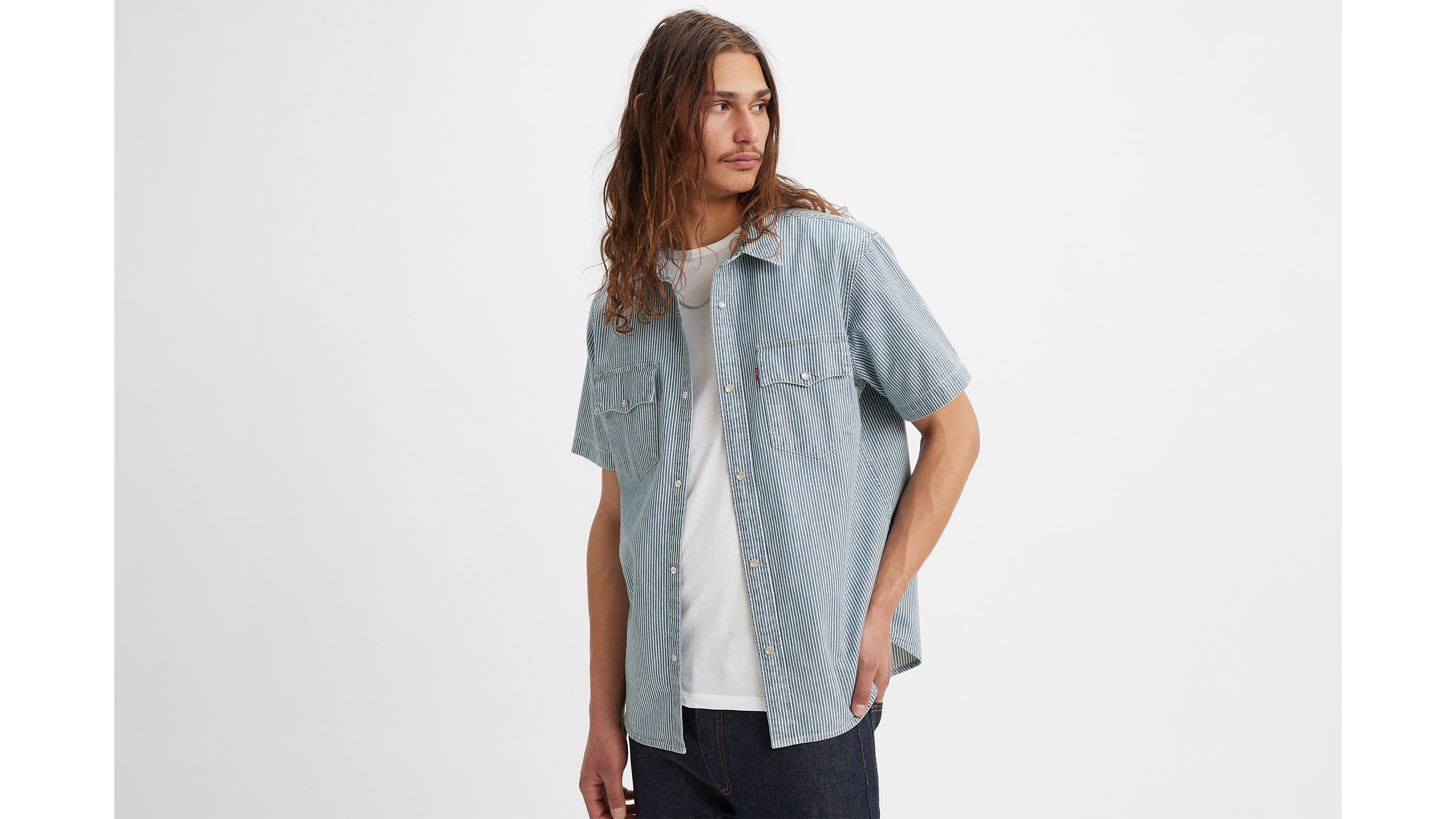 Chemise Western manches courtes Relaxed - Vander Denim Railroad Stripe - Bleu