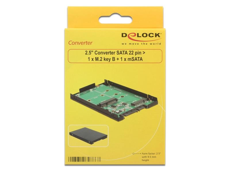 Delock Konverter 2.5″ M.2 / mSATA zu SATA Adapter Delock 2.5 Konverter SATA 22 Pin > 1 x M.2 Key B   1 x mSATA - 9.5 mm