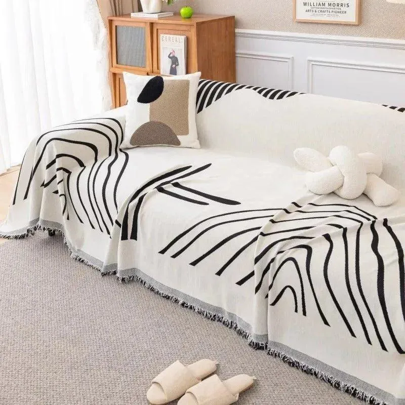 8 Chenille Line Pattern Throw Blanket with Tassel | Simple Nordic Jacquard Reversible Double Sided Sofa Cover
