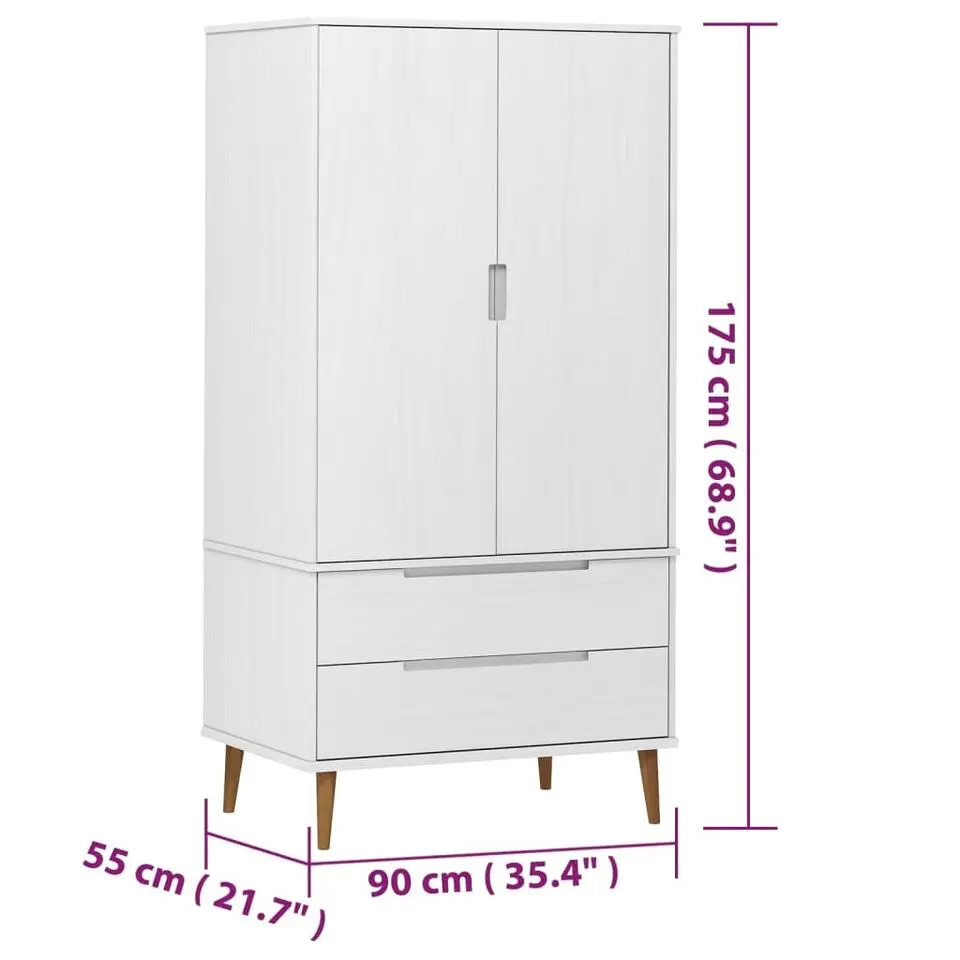 vidaXL - Kledingkast MOLDE met 2 lades - Grenenhout - Wit - 90x55x175 cm