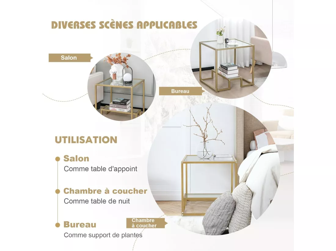 Table d'appoint à 2 étagères en verre, bout de canapé doré 56x56cm avec repose-pieds