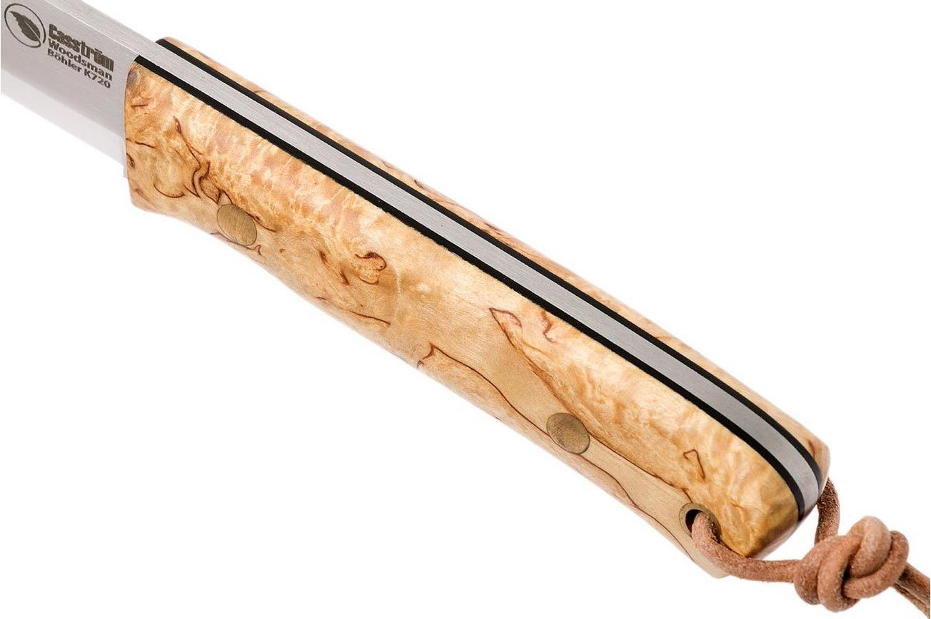 Casström Woodsman Knife Curly Birch, Slepiner Scandi Grind 10824 met firesteel
