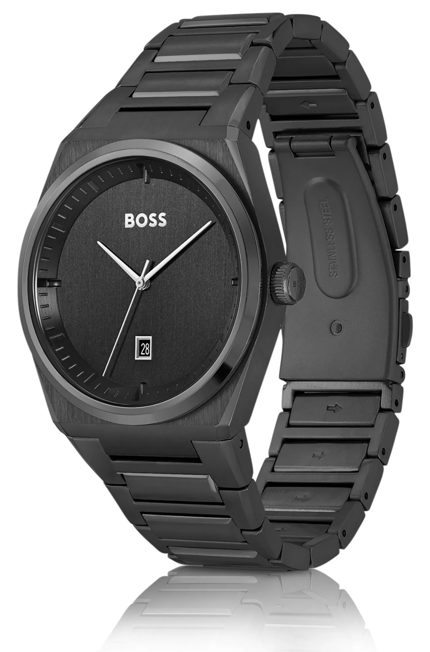 Relógio BOSS preto com revestimento preto e pulseira de elos.
