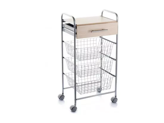 Chariot de cuisine, Desserte à roulettes, 1 tiroir et 3 paniers - Couleur Aluminium, Hêtre - 86*44*30 cm - ALESIA