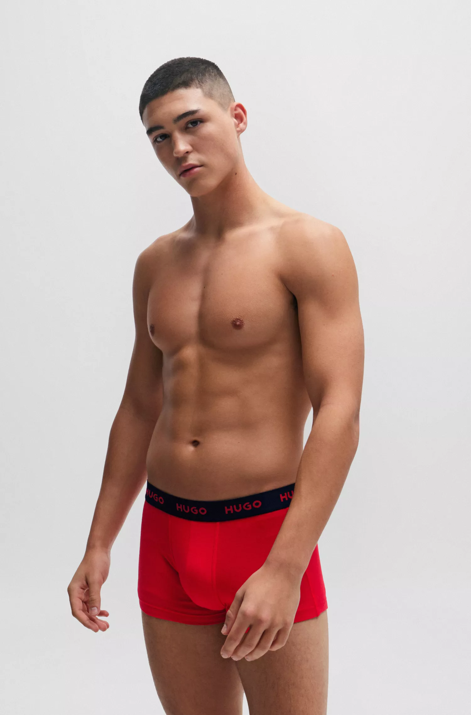HUGO Vermelho - Pacote triplo de cuecas boxer de algodão elástico com cós com o logotipo.
