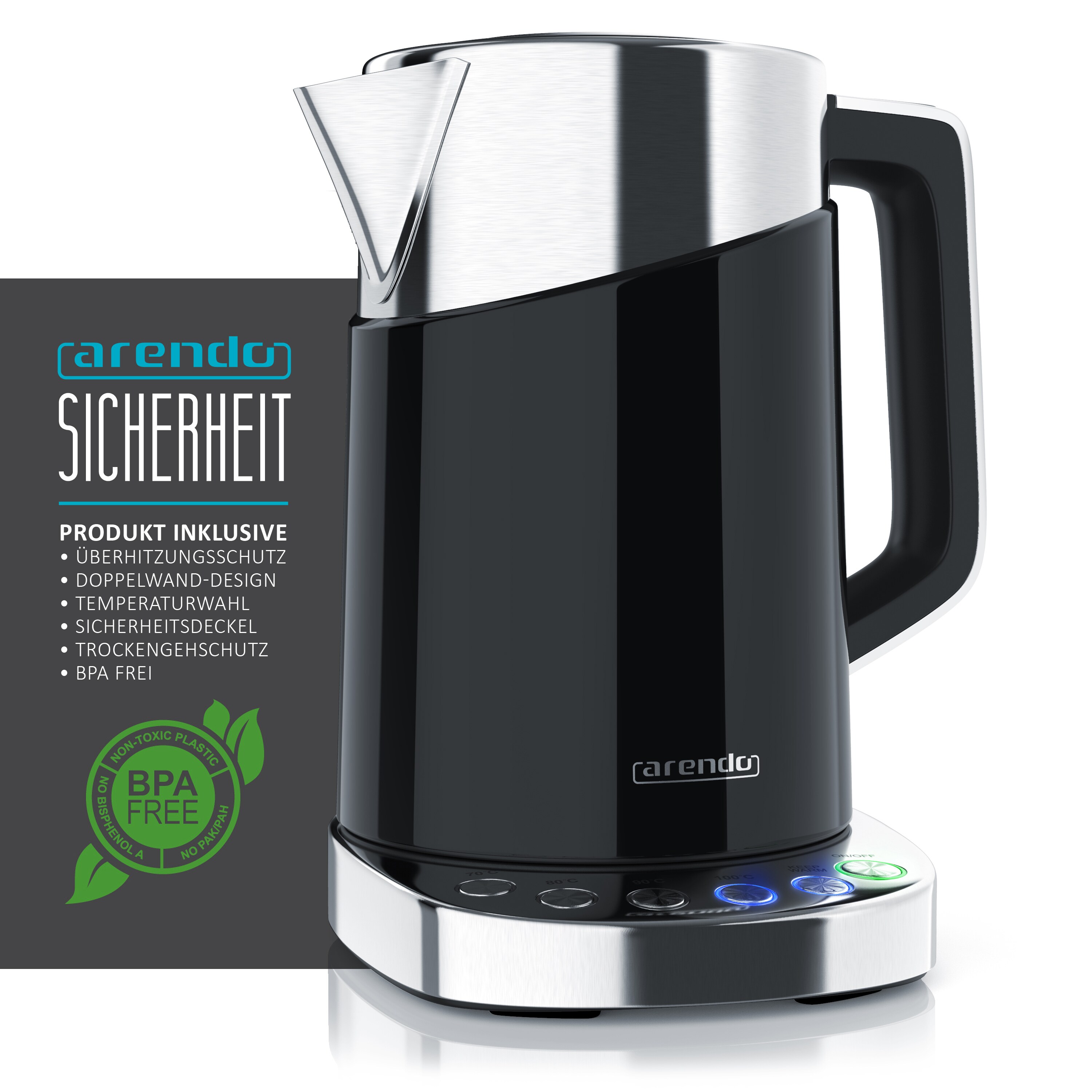 Arendo Wasserkocher 1,7 l, 3000 W, Edelstahl, Schnellkoch Funktion, Temperatureinstellung 70° C - 100° C