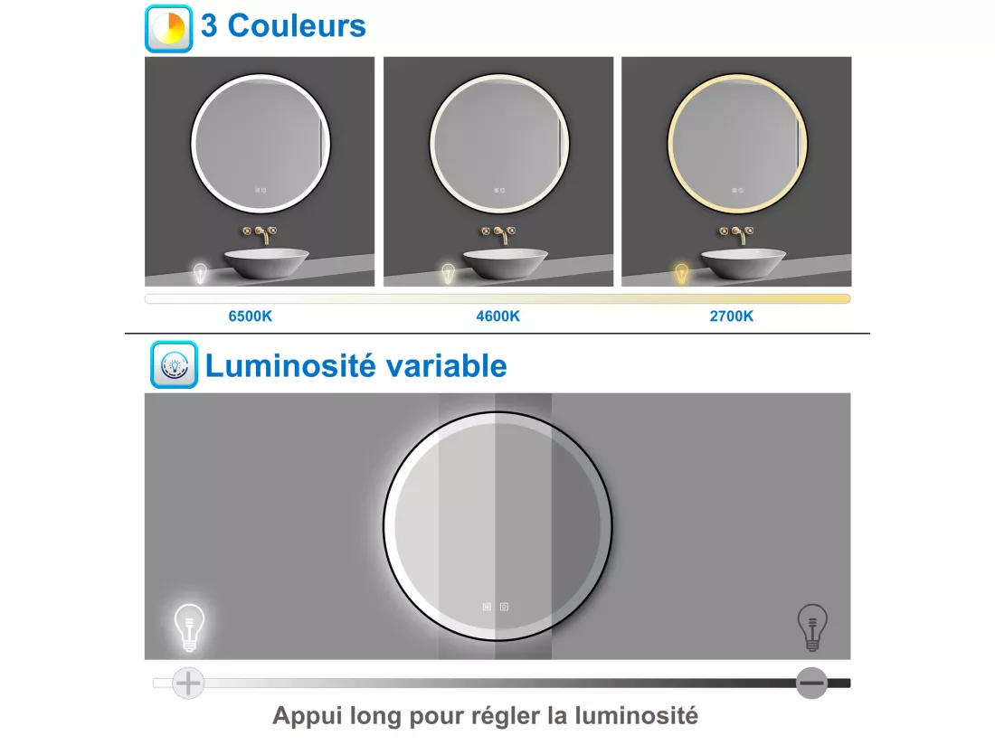 AICA Miroir lumineux 70cm rond, 3 couleurs + anti-buée + dimmable + mémoire, miroir salle de bain