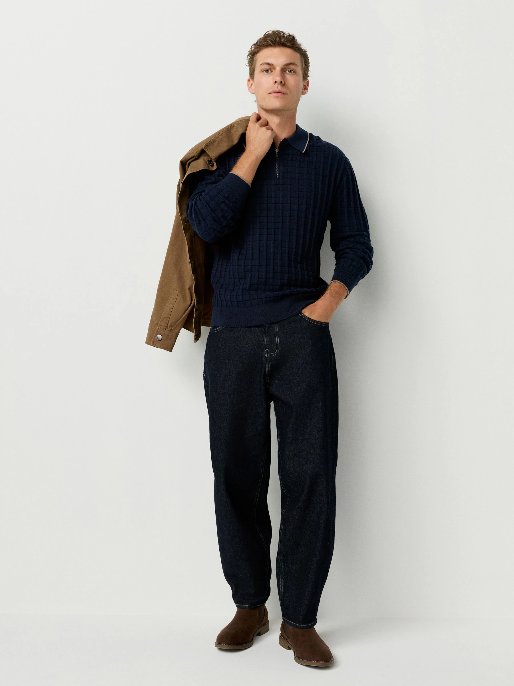 Donkerblauw - Regular Fit gebreid poloshirt met lange mouwen, structuur en kwart ritssluiting