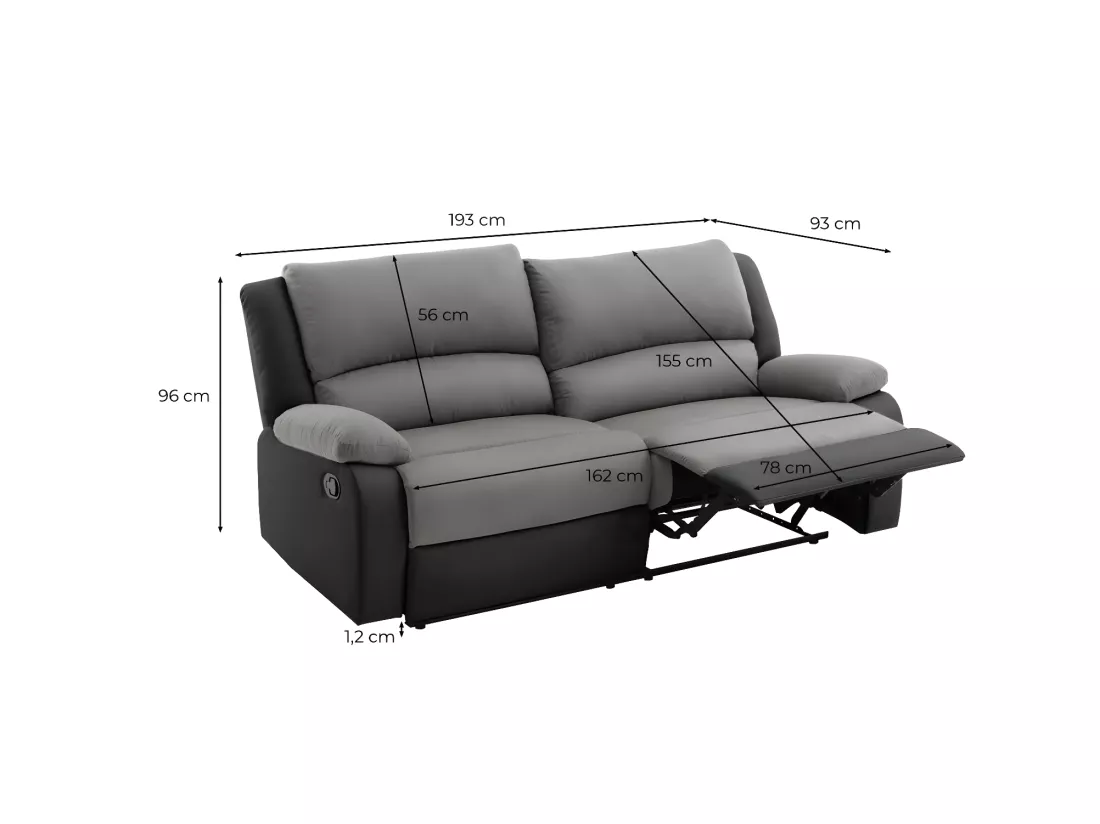 Canapé relax manuel 3 places avec 2 assises XXL Léo en microfibre et simili - Blanc/Gris - L193 x P93 x H96cm - Loungitude