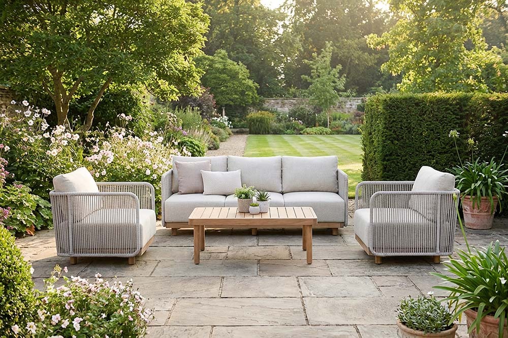 Outdoor Garten-Lounge-Set ROPE hellgrau natur Akazie wetterfest inkl. Tisch und Kissen