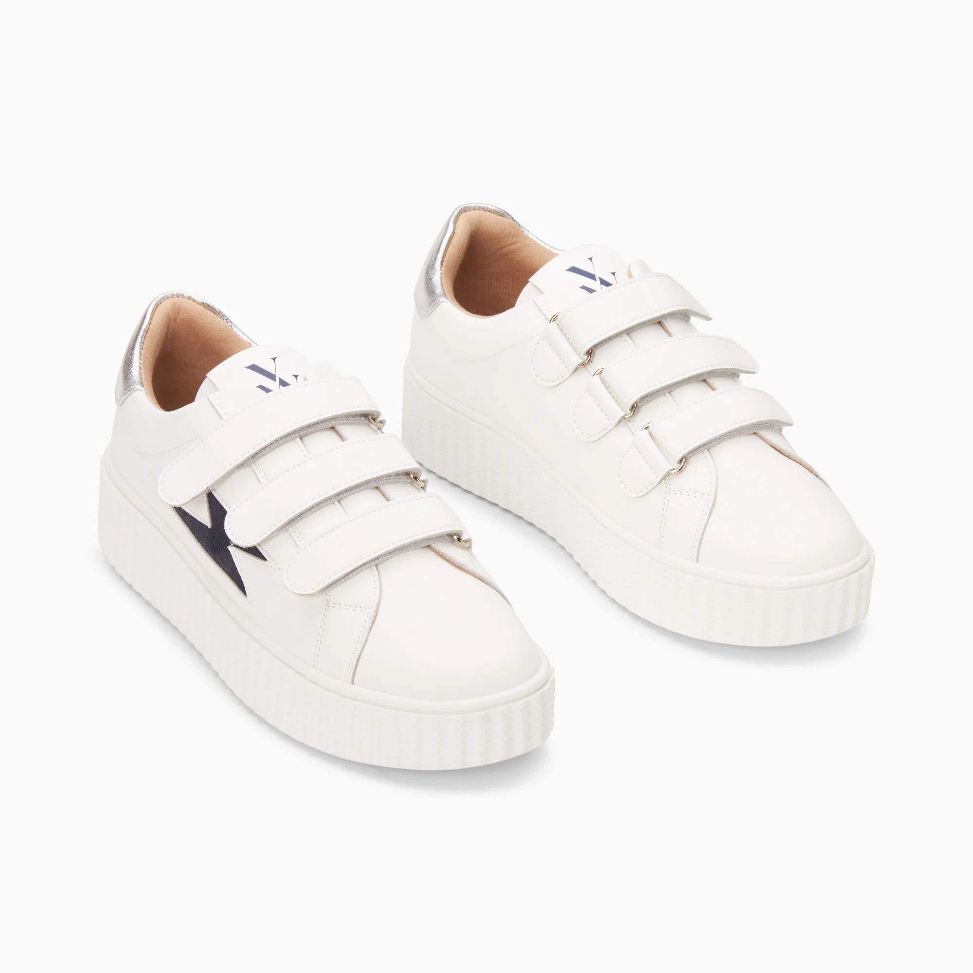 Sneakers-Baskets éclair Kim blanc et bleu marine à scratchs
