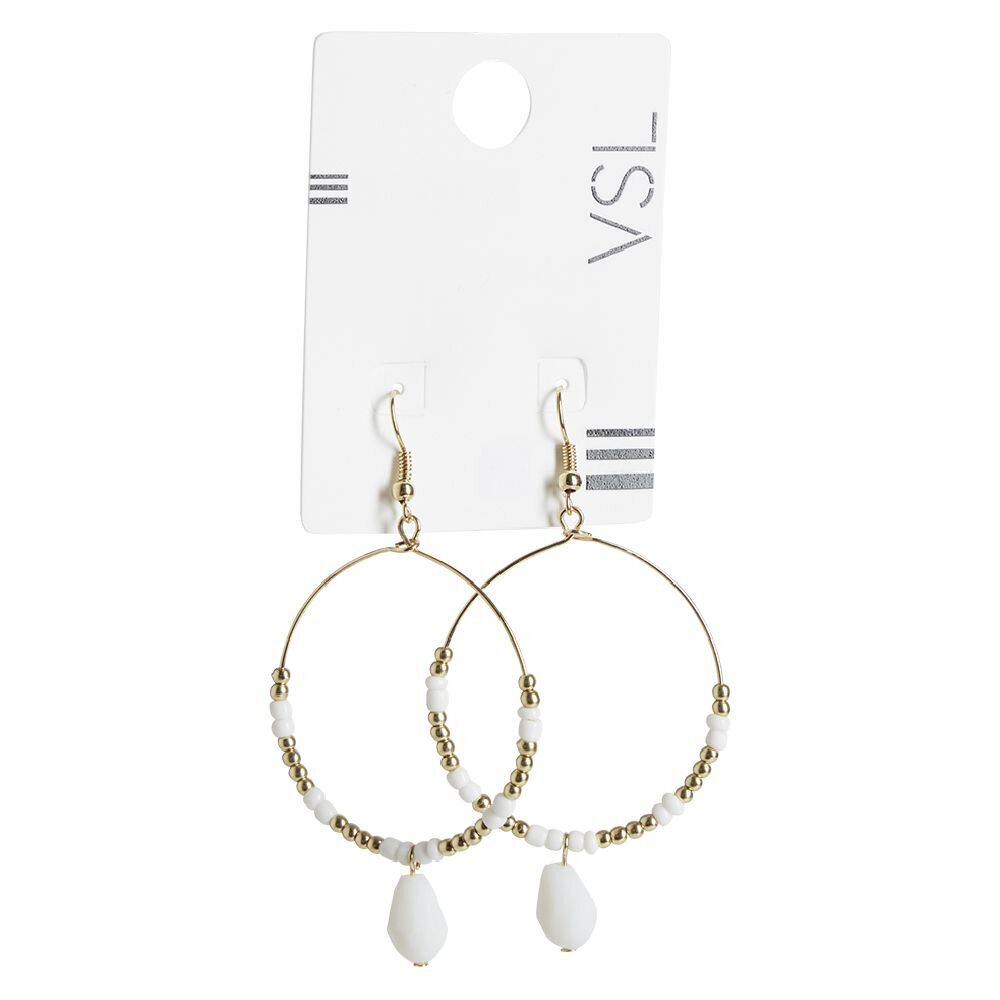 Paire de boucles d'oreilles créoles avec perles et pampille blanc et doré