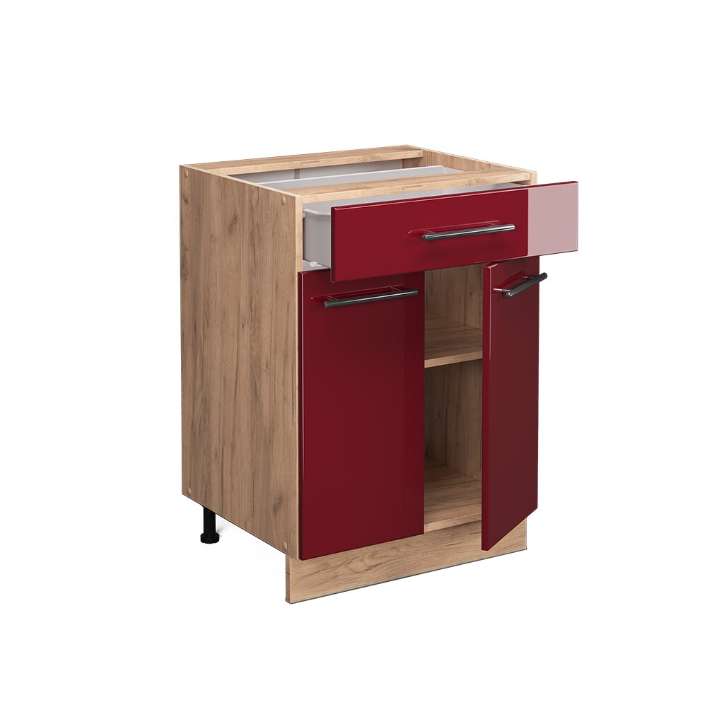 Vicco Schubunterschrank Küchenschrank Küchenmöbel Fame-Line Eiche Rot Bordeaux modern 60 cm Küche Einbauküche Drehtür Schublade Einlegeboden Blende Küchenzeile Hochglanz