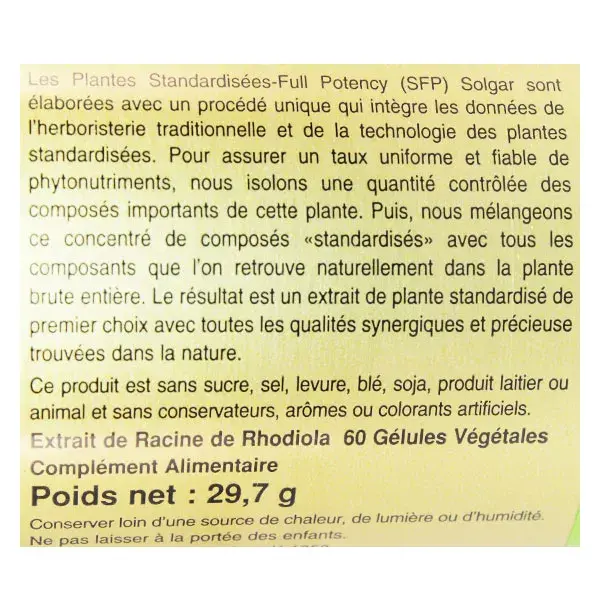 Solgar SFP Rhodiola 60 cápsulas vegetais