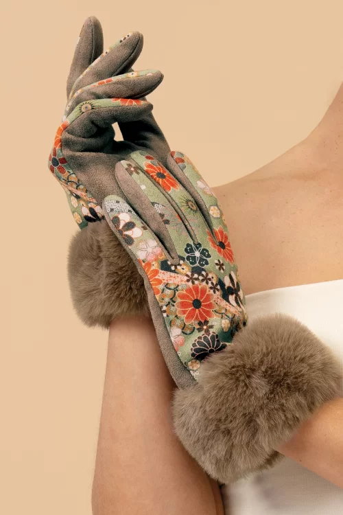 Powder Bernadette Floral Folk Art Suedine Handschoenen in Olijfgroen en Oranje