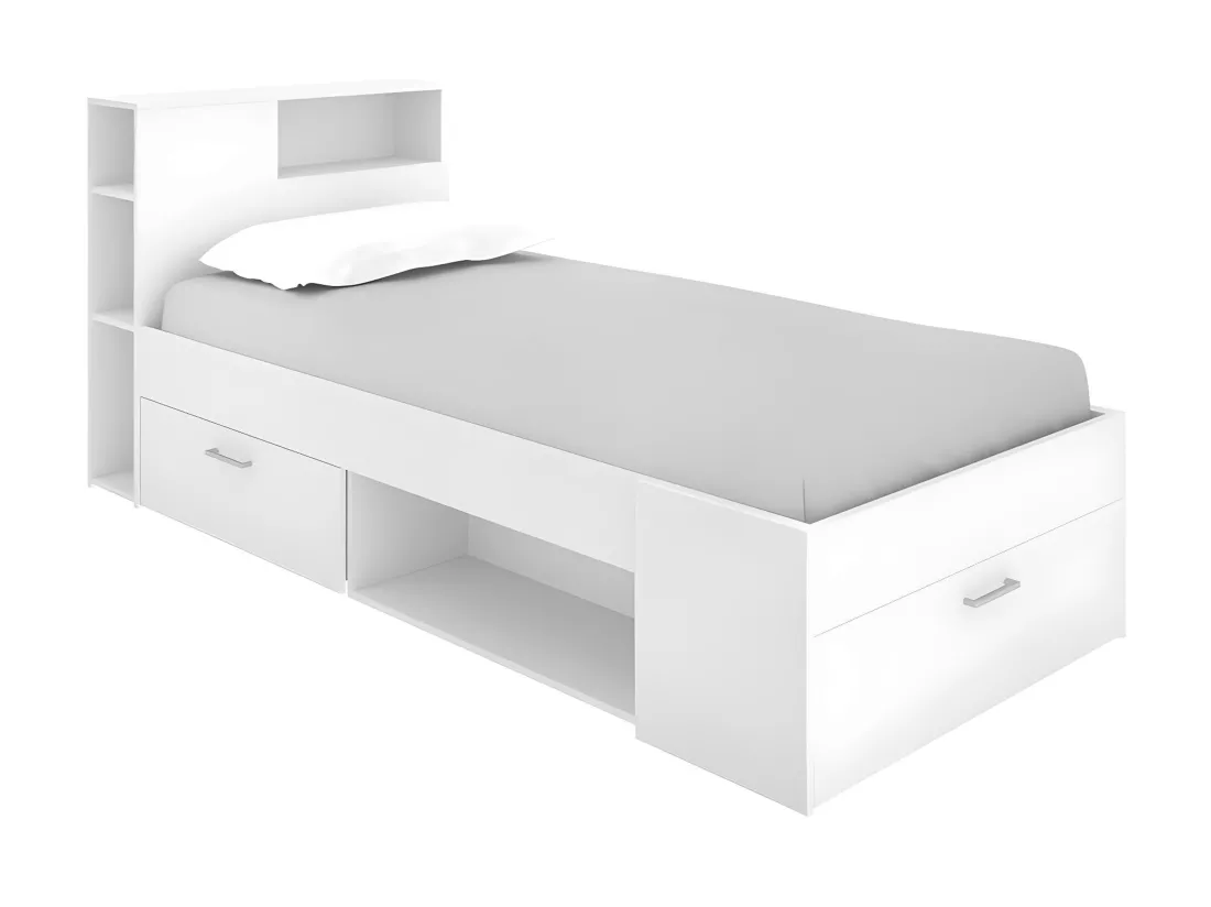 Lit avec tête de lit rangements et tiroir - 90 x 190 cm - Blanc - LEANDRE