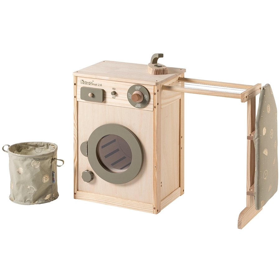 howa® Kinderwaschmaschine aus Holz mit Wäscheleine, Bügelbrett, Wäschekorb und Bügeleisen