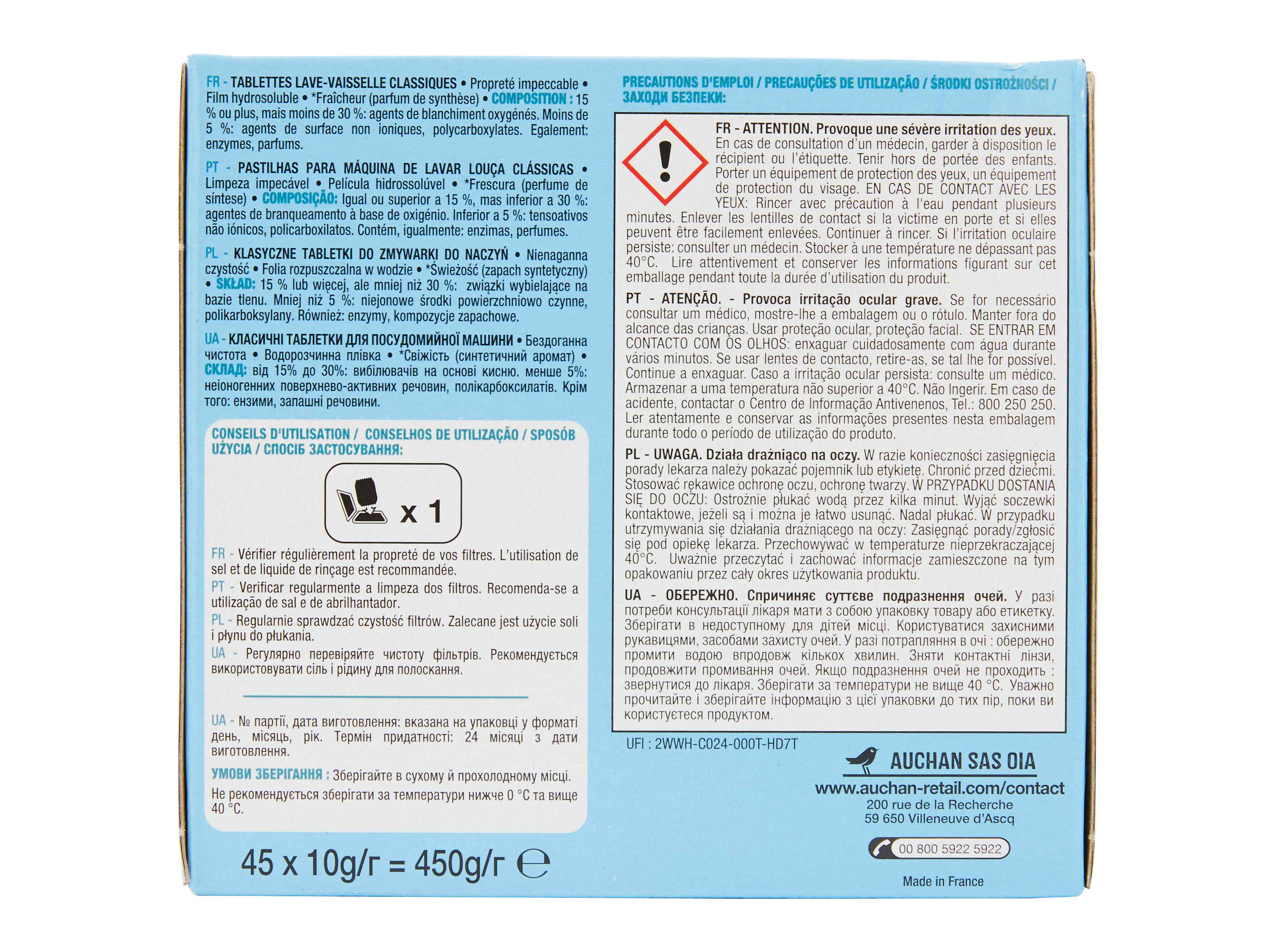 DETERGENTE AUCHAN MÁQUINA LOIÇA PASTILHA CLASSIC FRESCURA 45UN