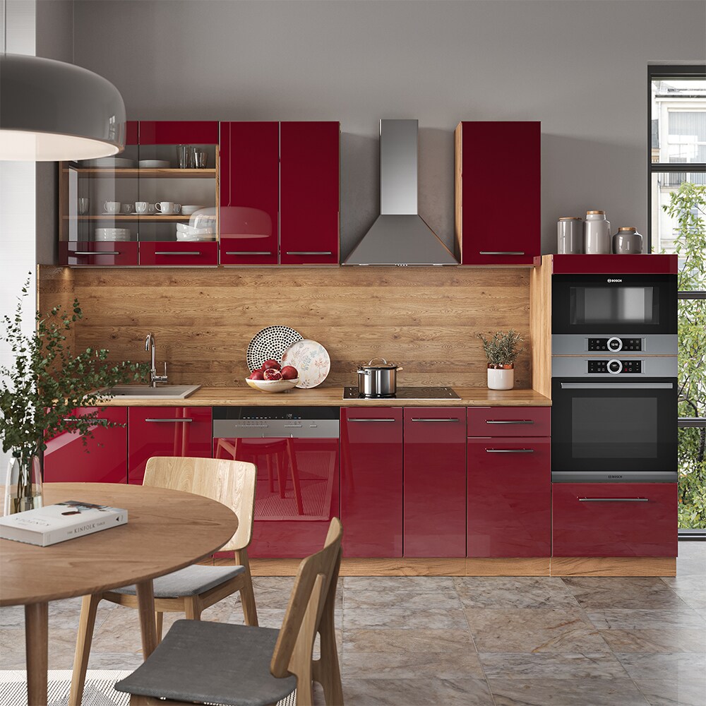 Vicco Küchenzeile Küchenblock Einbauküche Fame-Line Eiche Bordeaux Rot 300 cm modern Küchen Schränke Schubunterschrank Unterschrank Spülenunterschrank Hängeschrank Mikrowellenschrank Geschirrspülerblende