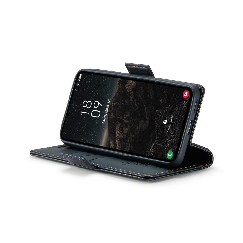 Samsung Galaxy S25 Leder Tasche Flip Wallet Etui mit Kartenfächern Litchi Look (RFID Schutz) - Schwarz