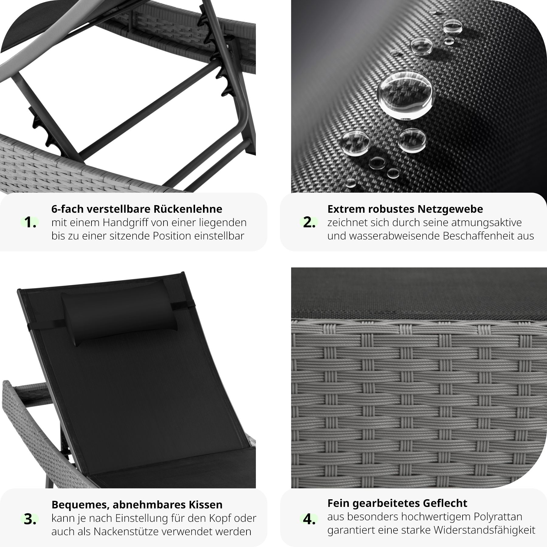 tectake® Rattan Sonnenliege, widerstandsfähig und UV-beständig, 5-fach verstellbare Rückenlehne, 211 x 69 x 28-94 cm