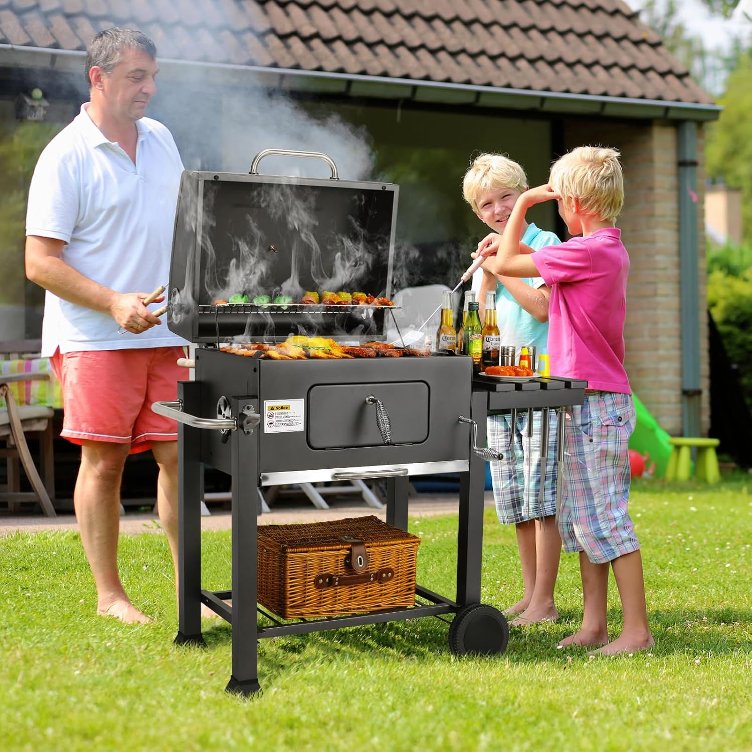 Barbecue Charbon de Bois XL, Chariot à Barbecue, Grill XL à Charbon avec Couvercle, Roues et Thermomètre, Réglable en Hauteur, Grand Barbecue au Charbon de Bois, pour Camping et Jardin, Noir