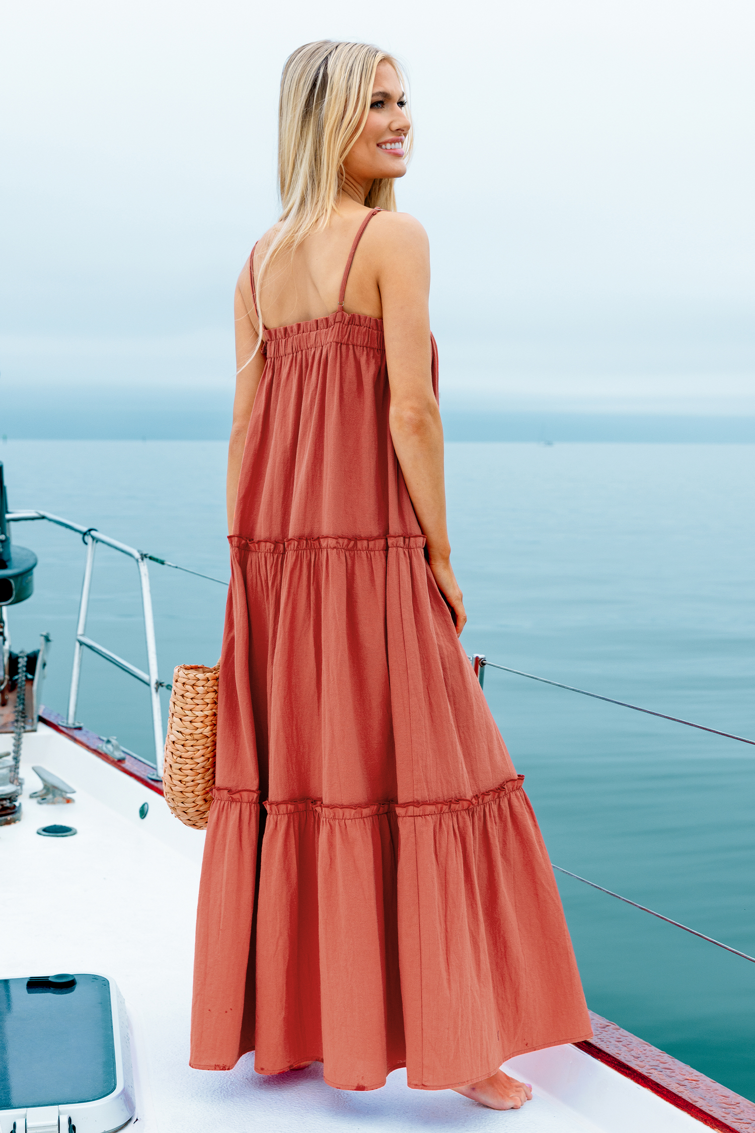 Robe maxi en pur coton sans manche à col carré de couleur rouille