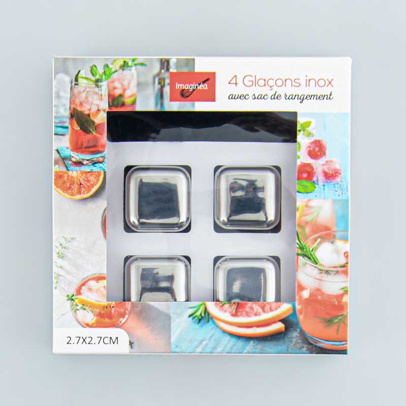 Lot de 4 glaçons inox avec sac