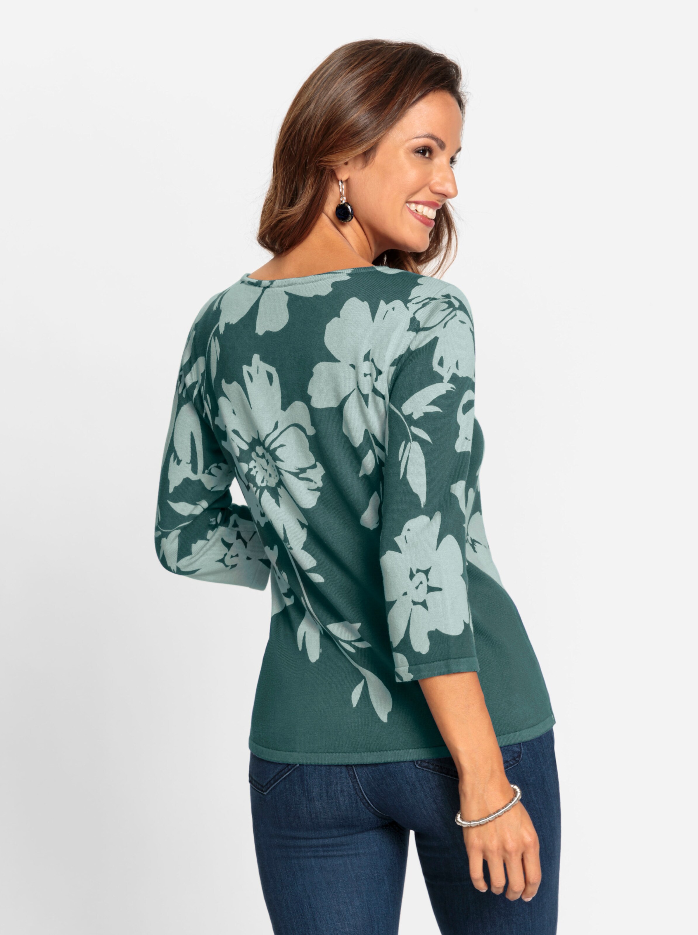 Pullover in petrol-kalkmint-bedruckt