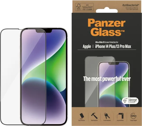 PanzerGlass™ | Antibacterial - Skærmbeskytter for mobiltelefon - Ultra-Wide Fit - rammefarve sort | Apple iPhone 13 Pro Max/14 Plus