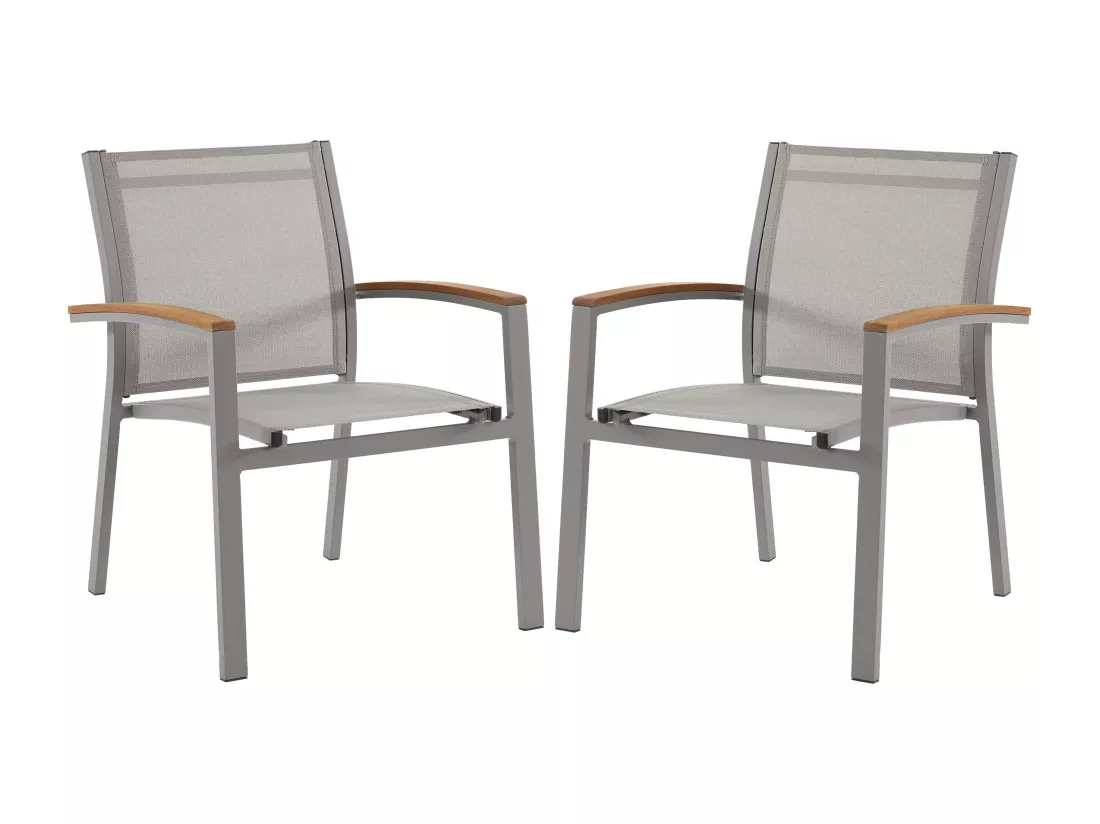 Lot de 2 fauteuils de jardin empilables en aluminium et textilène - Taupe et accoudoirs acacia - TAIPIVAI de MYLIA
