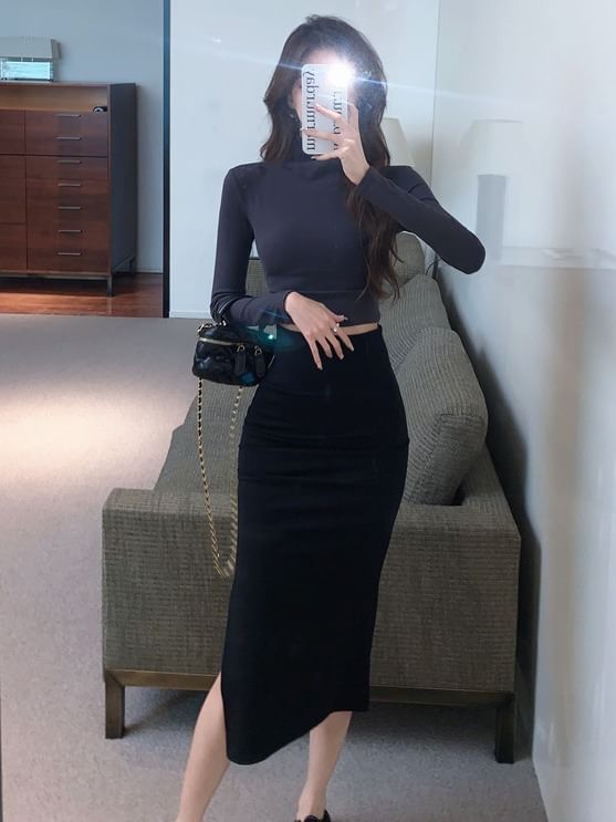 Aurora - Set: Lange mouwen coltrui effen slim fit crop T-shirt + hoge taille split midi kokerrok