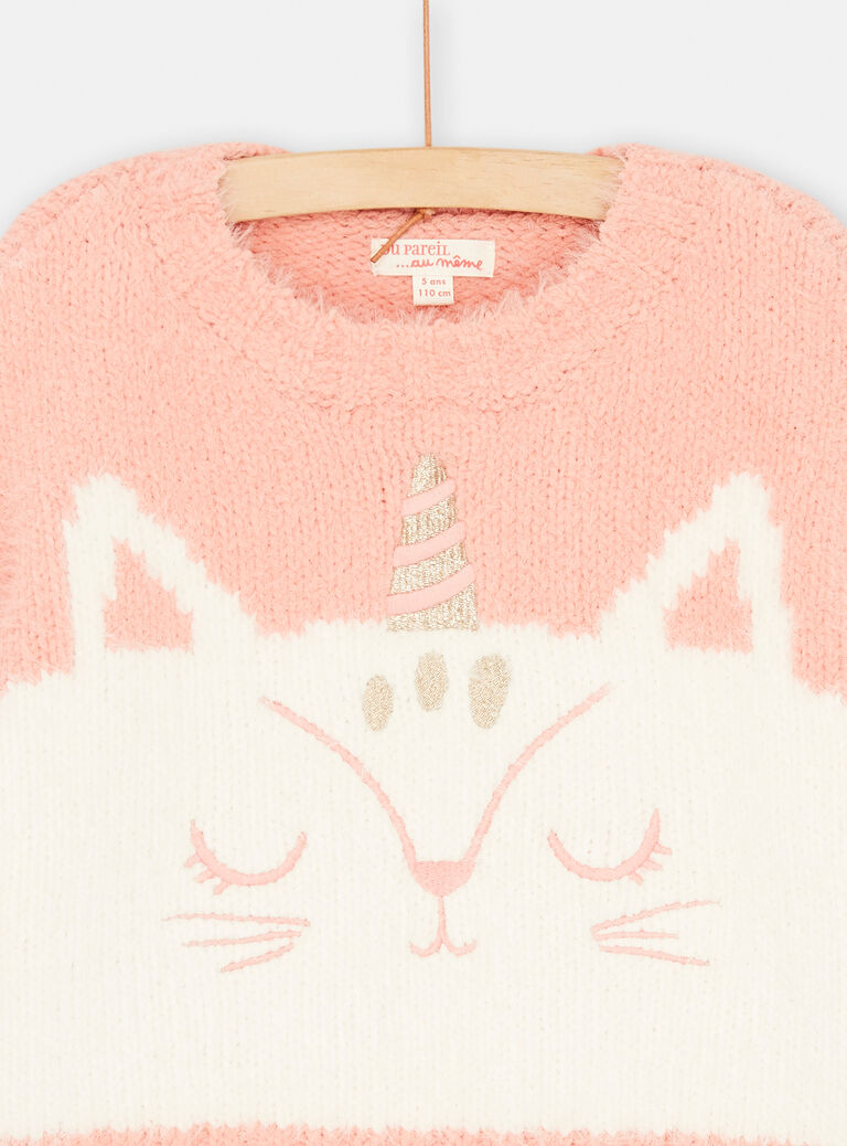 Pull saumon et écru à motif chat-licorne pour fille